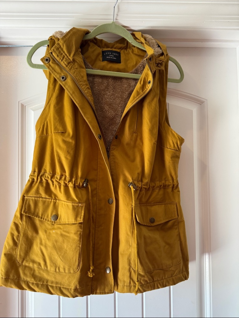 Love Tree Mustard Hooded Utility Vest with Faux-Fur Lining